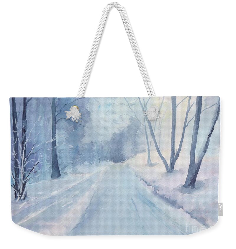 Watercolor Painting Of A Snowy Road In Winter. Reference Photo By Milos Polacek. Weekender Tote Bag featuring the painting Winter Road Krkonose Mountains, from photo by Milos Polacek by Watercolor Meditations
