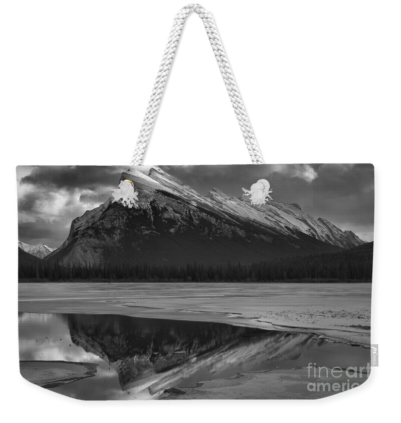 Vermilion Lakes Weekender Tote Bag featuring the photograph Winter Rundle Refelctions Black And White by Adam Jewell