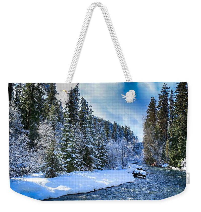 Winter Scene On The River Weekender Tote Bag featuring the photograph Winter scene on the river by Lynn Hopwood