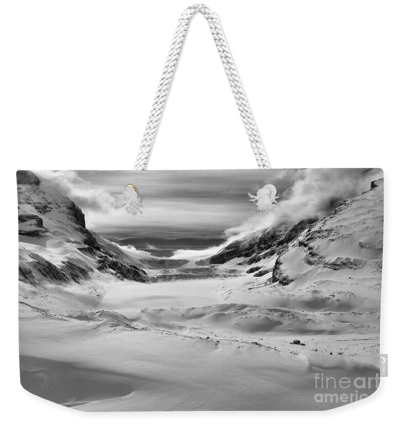 Columbia Icefield Weekender Tote Bag featuring the photograph Winter Shadows Below The Athabasca Glacier Black And White by Adam Jewell