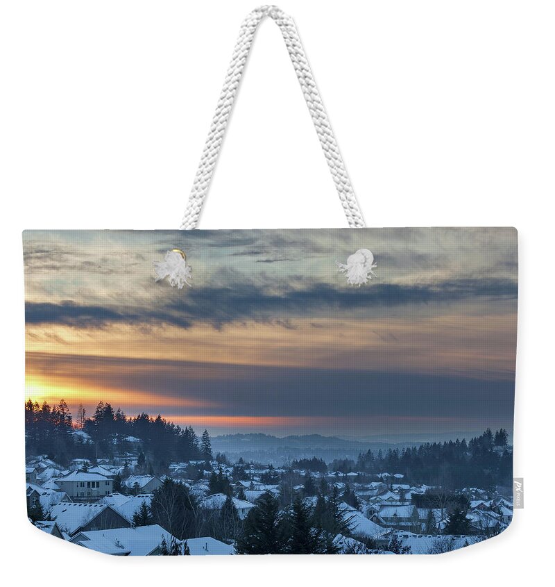 Happy Valley Weekender Tote Bag featuring the photograph Winter Snow at Sunset in Happy Valley Oregon by Jit Lim