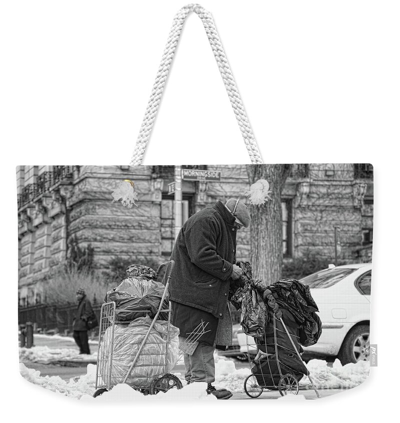 New Jersey Weekender Tote Bag featuring the photograph Winter Snow Homeless NYC Black W by Chuck Kuhn