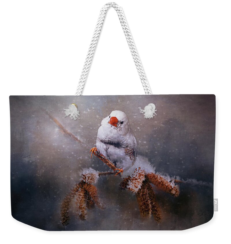 White Zebra Finch Weekender Tote Bag featuring the photograph Winter Song by Maria Angelica Maira