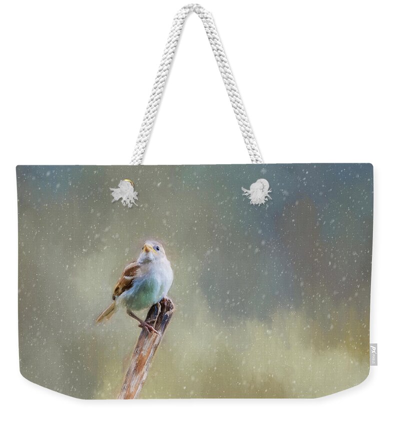 Winter Weekender Tote Bag featuring the photograph Winter Sparrow by Cathy Kovarik