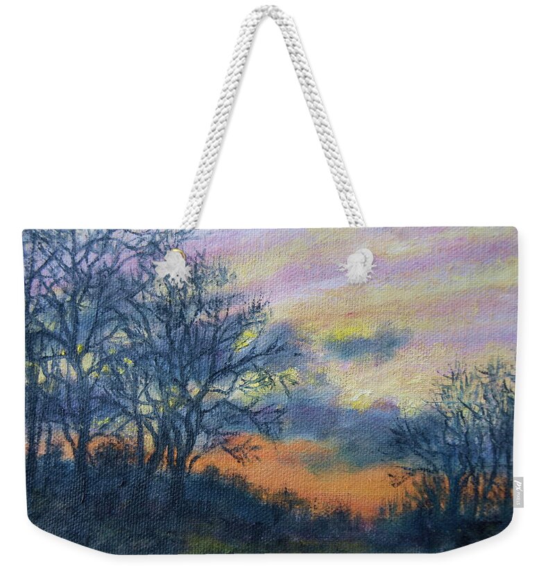 Sky Weekender Tote Bag featuring the painting Winter Sundown Sketch by Kathleen McDermott