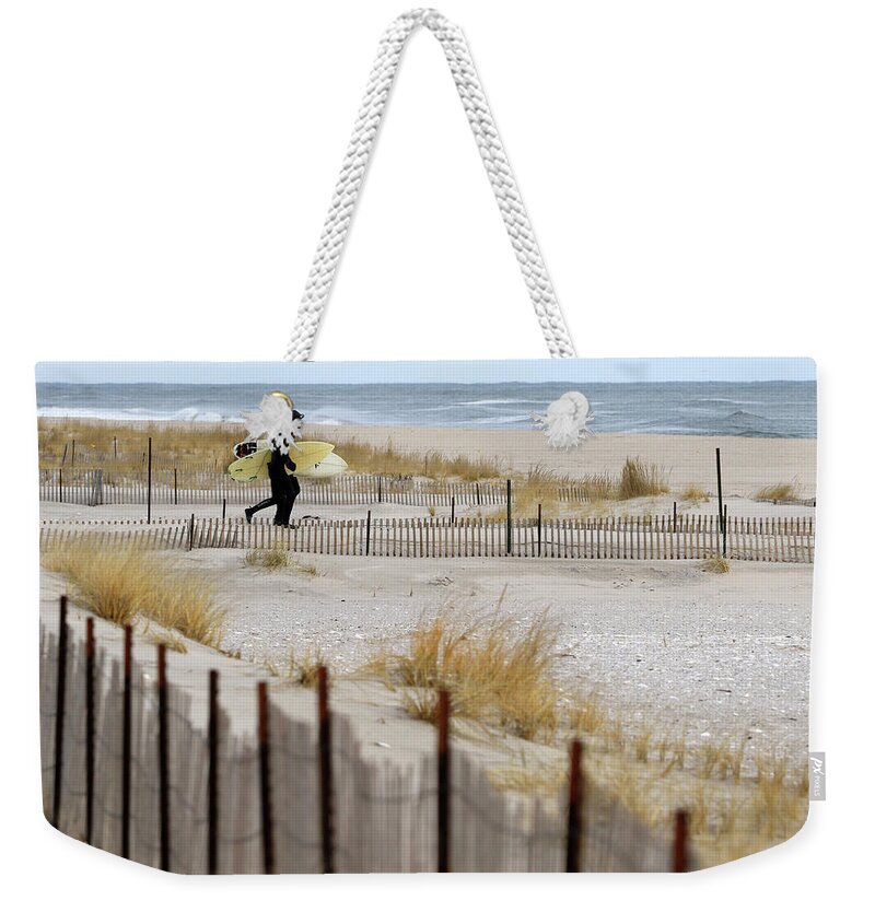 Winter Surfers Weekender Tote Bag featuring the photograph Winter Surfers Westhampton New York by Bob Savage