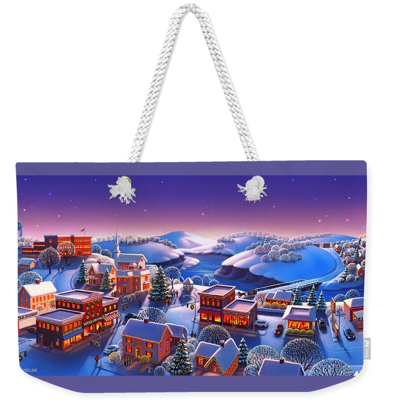 Winter Town Scene Weekender Tote Bag featuring the painting Winter Town by Robin Moline