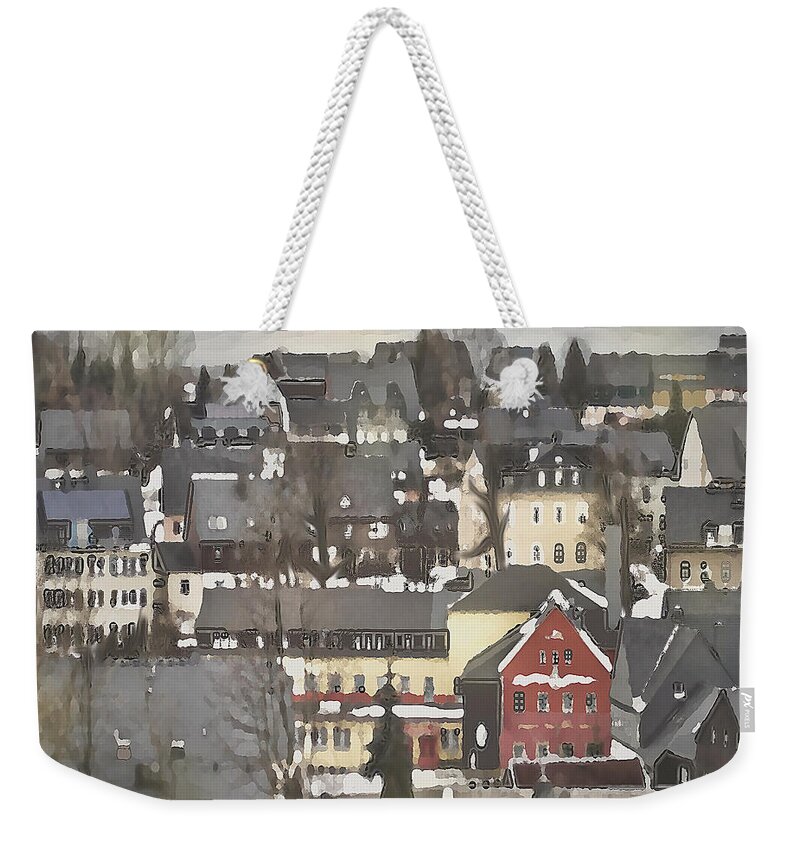 Folk Art Weekender Tote Bag featuring the mixed media Winter Village with Red House by Shelli Fitzpatrick