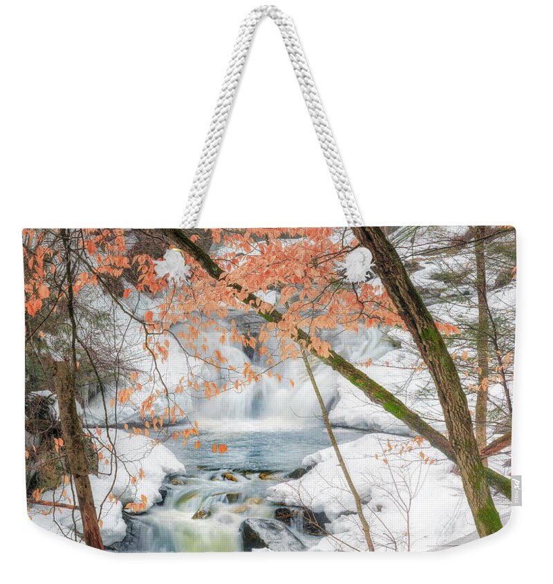 Waterfall Weekender Tote Bag featuring the photograph Winter Woodland Stream by Bill Wakeley