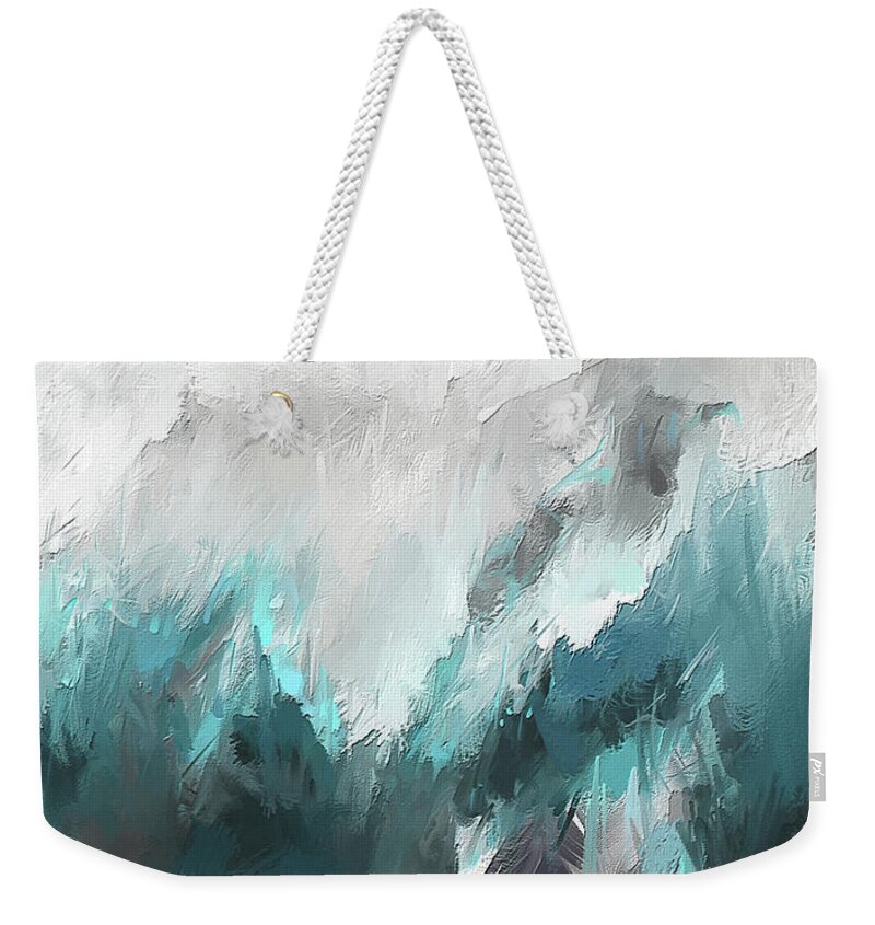 Ight Blue Weekender Tote Bag featuring the painting Wintery Mountain- Turquoise and Gray modern Artwork by Lourry Legarde