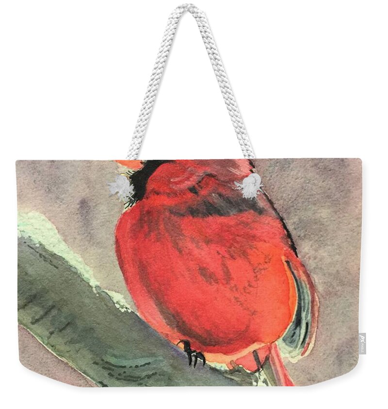Cardinal Weekender Tote Bag featuring the painting Wintery Red by Sonja Jones