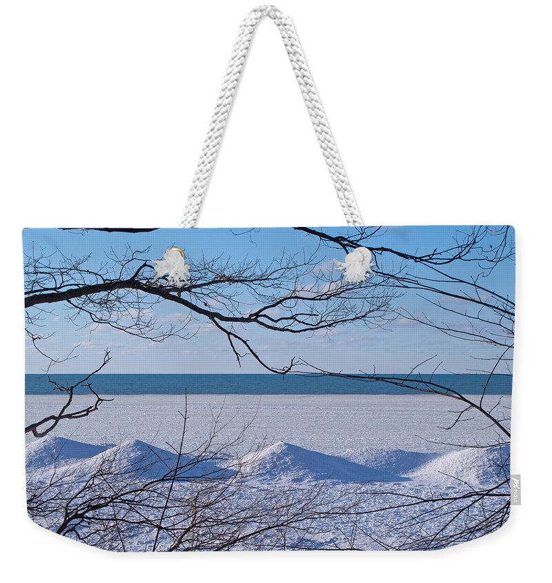 Winter Weekender Tote Bag featuring the photograph Wintry Lakeshore by Ann Horn