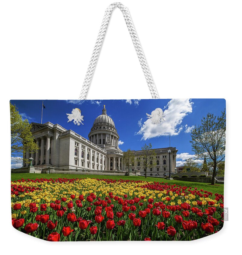 Wisconsin Capitol Wi Madison State Capitol Spring Tulips Blooming Architecture Dome Weekender Tote Bag featuring the photograph Capitol Splendor #1 - Wisconsin Capitol, Madison with the famous tulip foreground by Peter Herman