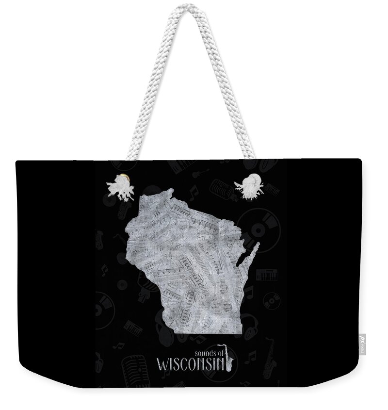 Wisconsin Weekender Tote Bag featuring the digital art Wisconsin Map Music Notes 2 by Bekim M