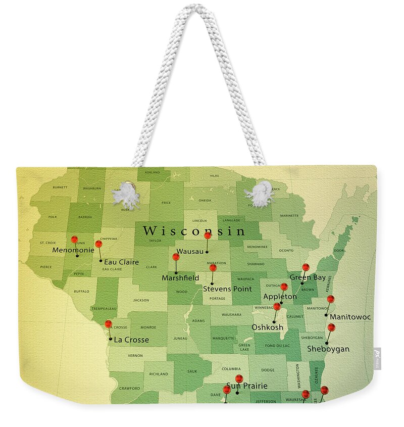 Cartography Weekender Tote Bag featuring the digital art Wisconsin Map Square Cities Straight Pin Vintage by Frank Ramspott