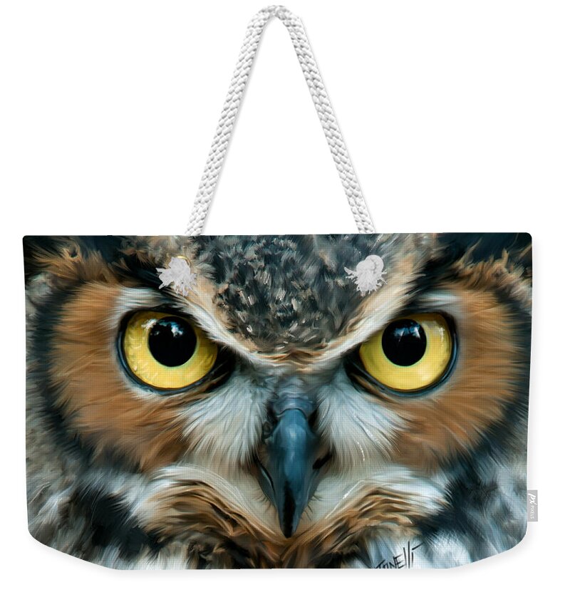 Owls Weekender Tote Bag featuring the mixed media Night Owl, Wisdom by Mark Tonelli