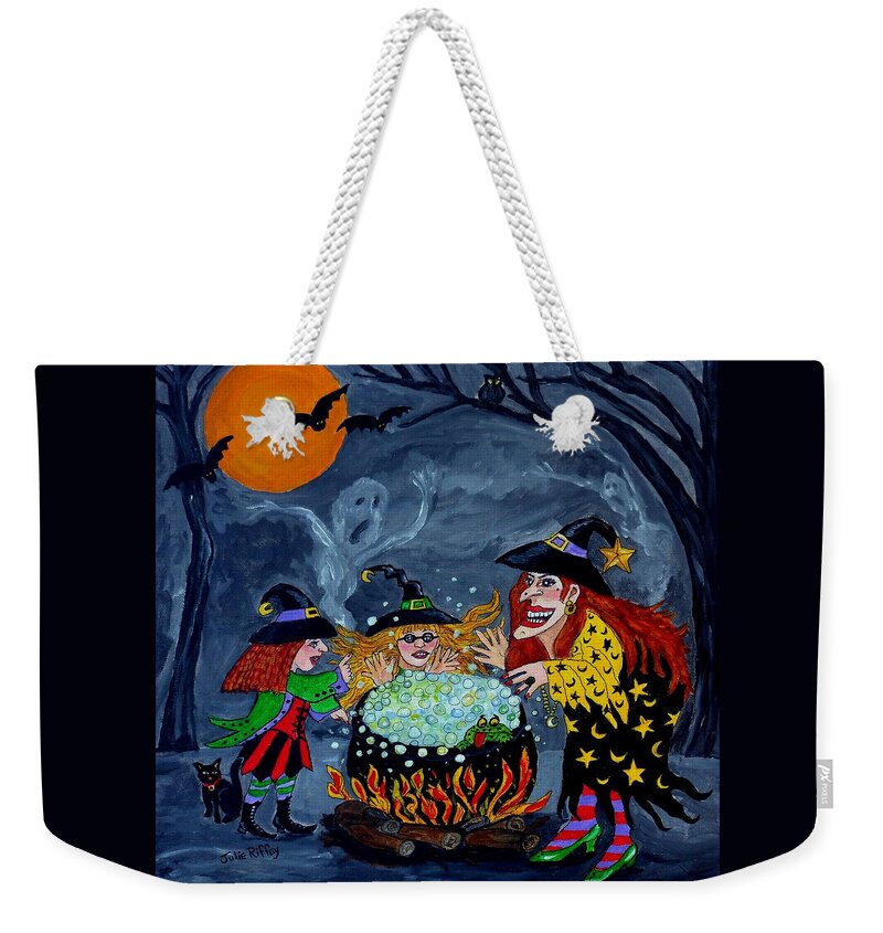 Witches Weekender Tote Bag featuring the painting Witches Spelling Class - Halloween by Julie Brugh Riffey