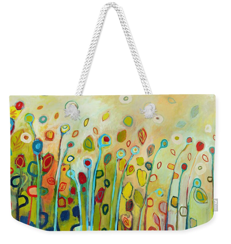 Floral Abstract Modern Green Lime Brown Nature Circle Leaf Plant Large Jenlo Jennifer Lommers Painting Weekender Tote Bag featuring the painting Within by Jennifer Lommers