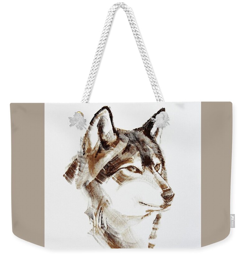 Wolf Weekender Tote Bag featuring the painting Wolf Head Brush Drawing by Attila Meszlenyi