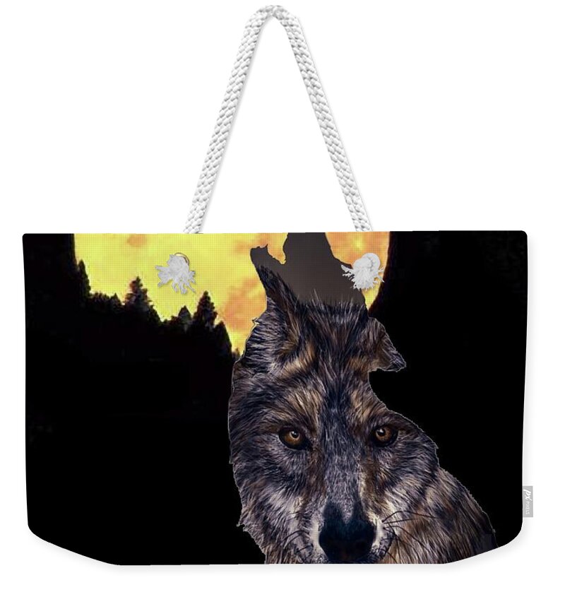 Wolf Weekender Tote Bag featuring the digital art Wolf howling at the moon by Darren Cannell
