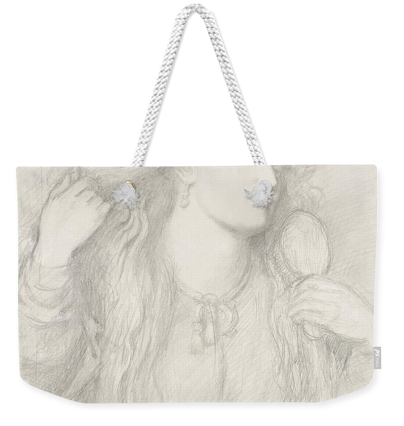 Dante Gabriel Rossetti Weekender Tote Bag featuring the drawing Woman Combing Her Hair, Fanny Cornforth by Dante Gabriel Rossetti
