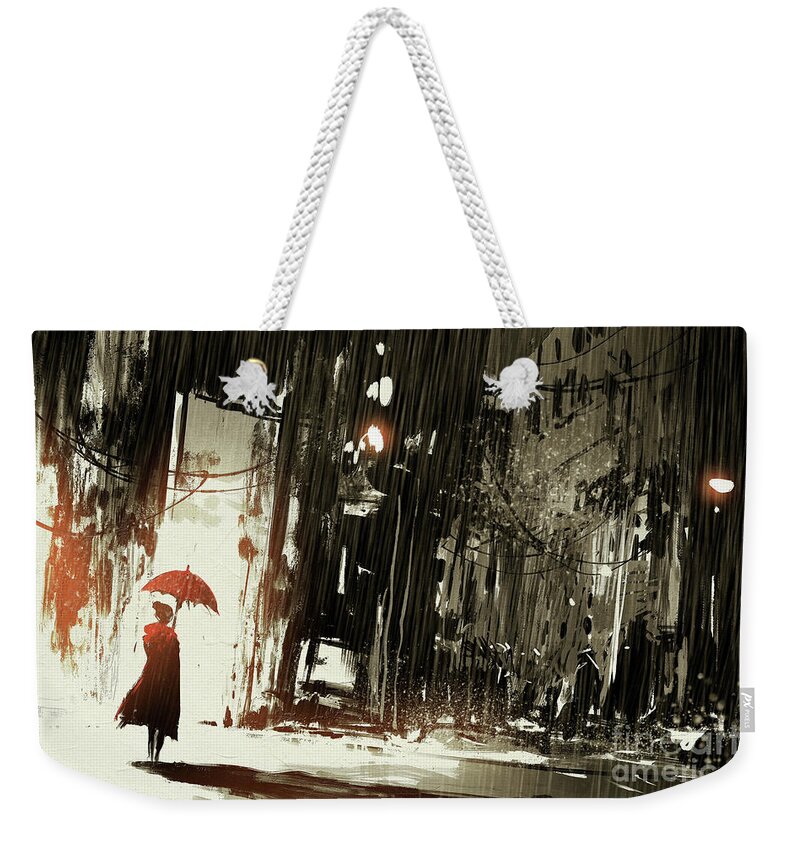Acrylic Weekender Tote Bag featuring the painting Woman In The Destroyed City by Tithi Luadthong