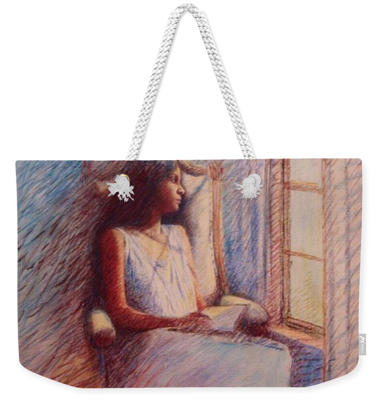 Woman In Peaceful Repose Weekender Tote Bag featuring the pastel Woman Reading by Window by Herschel Pollard