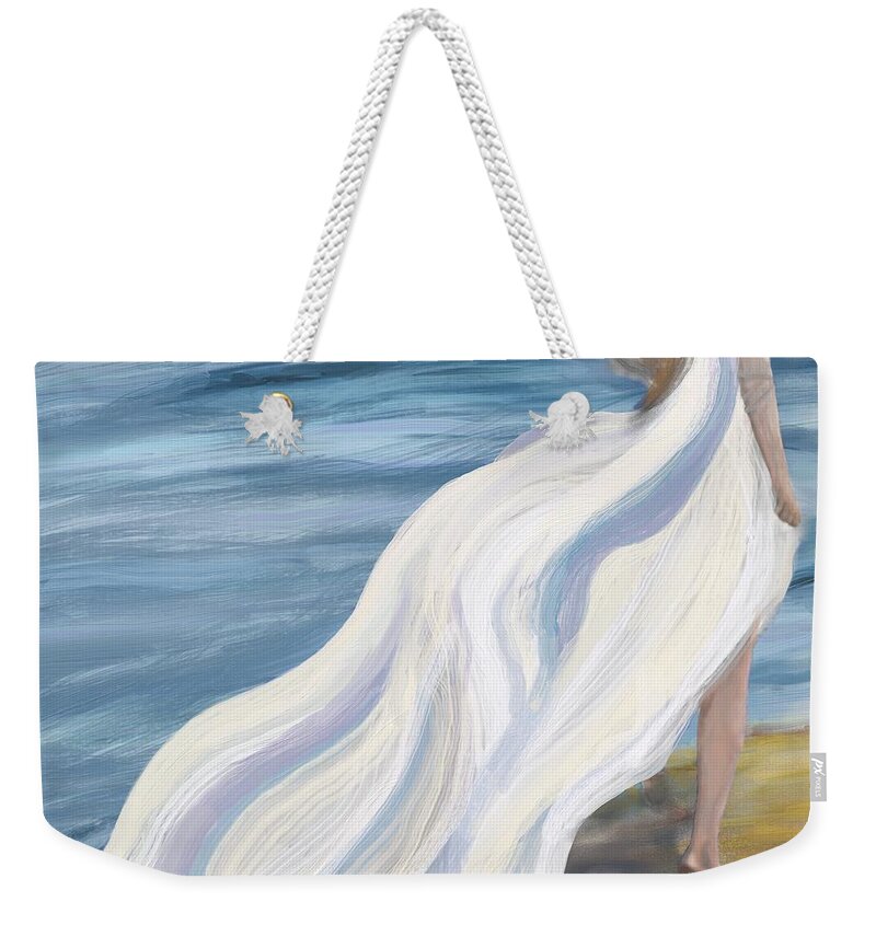 Victor Shelley Weekender Tote Bag featuring the painting Woman Strolling on the Beach by Victor Shelley