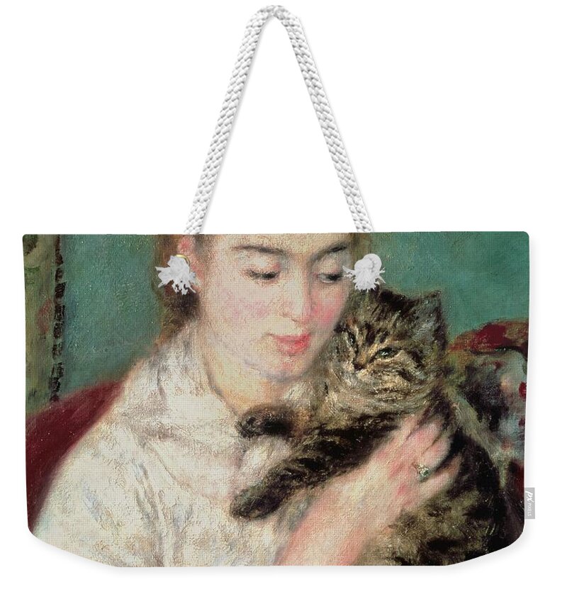Woman With A Cat Weekender Tote Bag featuring the painting Woman with a Cat by Pierre Auguste Renoir