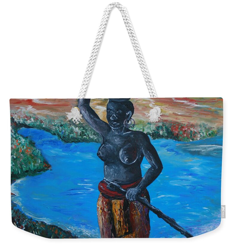Woman With Calabash Weekender Tote Bag featuring the painting Woman with Calabash by Obi-Tabot Tabe