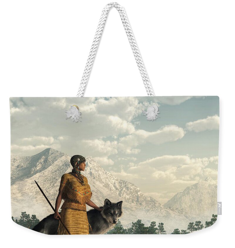 Native American Weekender Tote Bag featuring the digital art Woman with Wolf by Daniel Eskridge