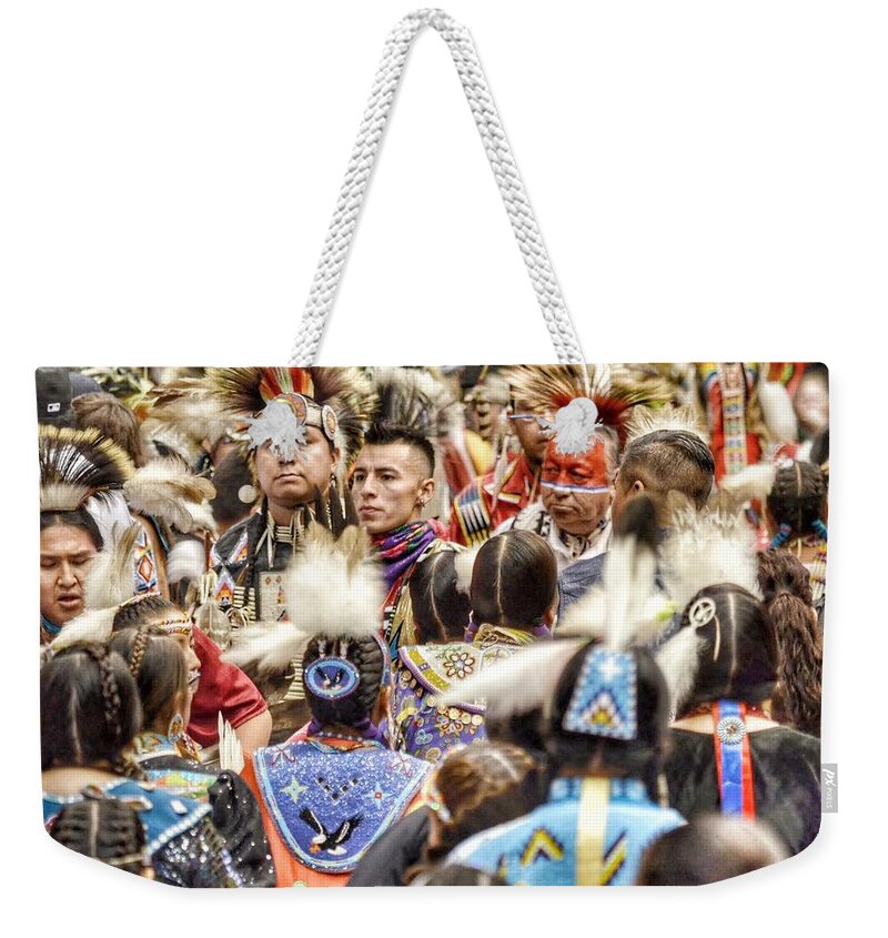 Black Hills Powwow Weekender Tote Bag featuring the photograph Women and Men Meet by Clarice Lakota