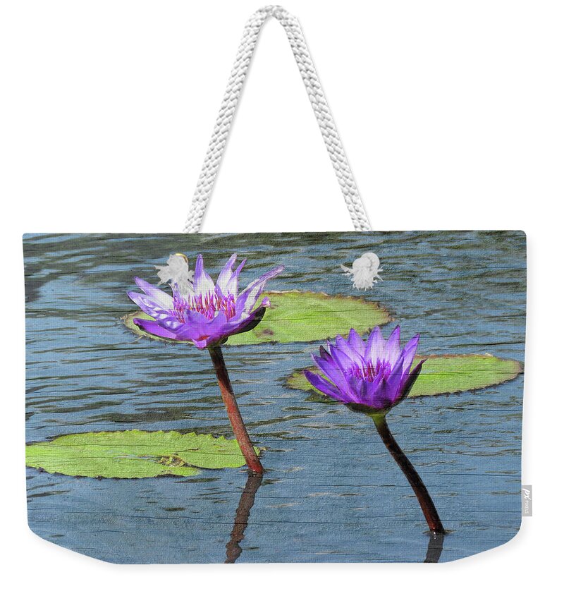 Water Lilies Weekender Tote Bag featuring the photograph Wood Enhanced Water Lilies by Rosalie Scanlon