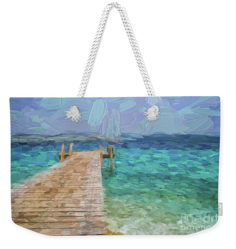 Boat Weekender Tote Bag featuring the digital art Wooden jetty and boat by Patricia Hofmeester
