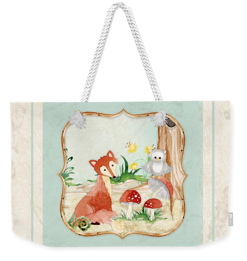 Red Fox Weekender Tote Bag featuring the painting Woodland Fairy Tale - Fox Owl Mushroom Forest by Audrey Jeanne Roberts