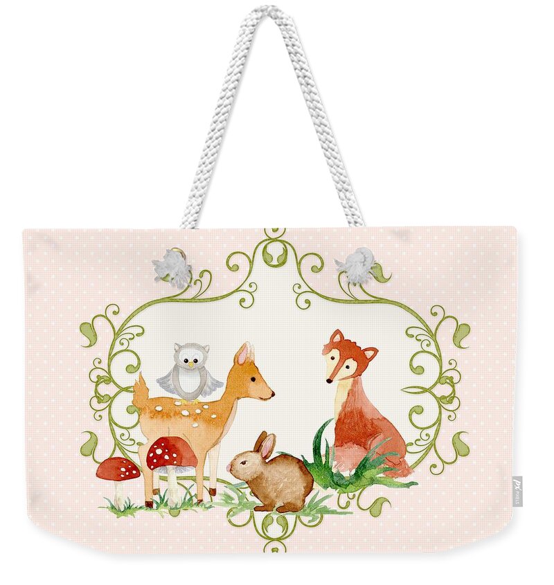 Woodland Weekender Tote Bag featuring the painting Woodland Fairytale - Animals Deer Owl Fox Bunny n Mushrooms by Audrey Jeanne Roberts