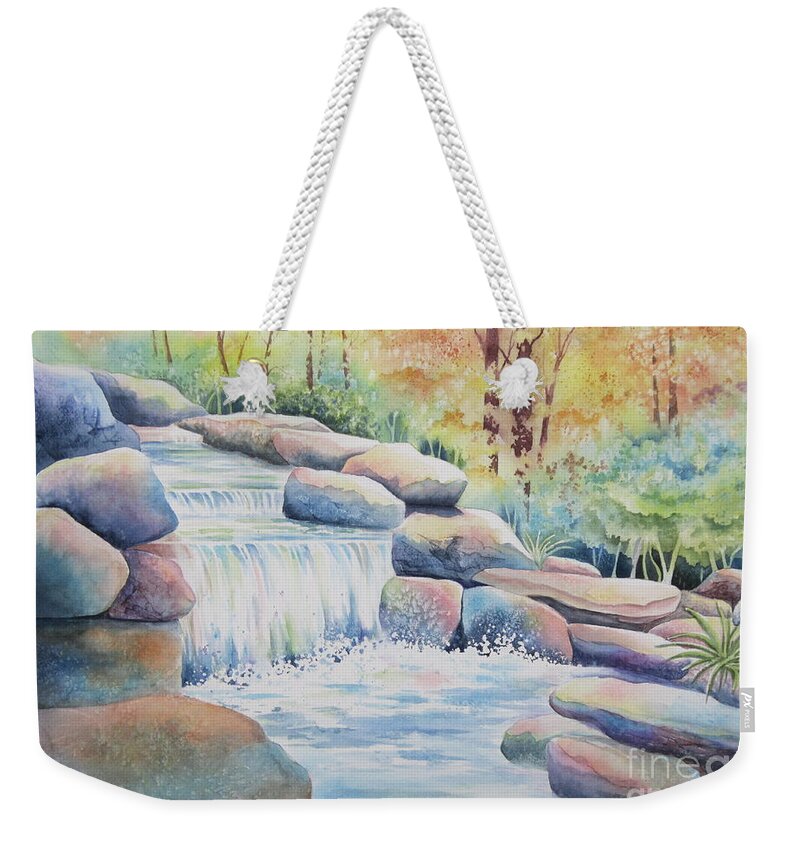 Waterfall Weekender Tote Bag featuring the painting Woodland Falls by Deborah Ronglien