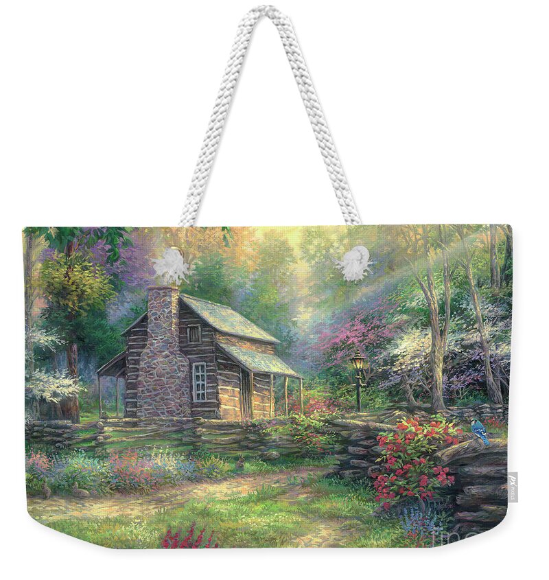 Cabin Art Weekender Tote Bag featuring the painting Woodland Oasis by Chuck Pinson