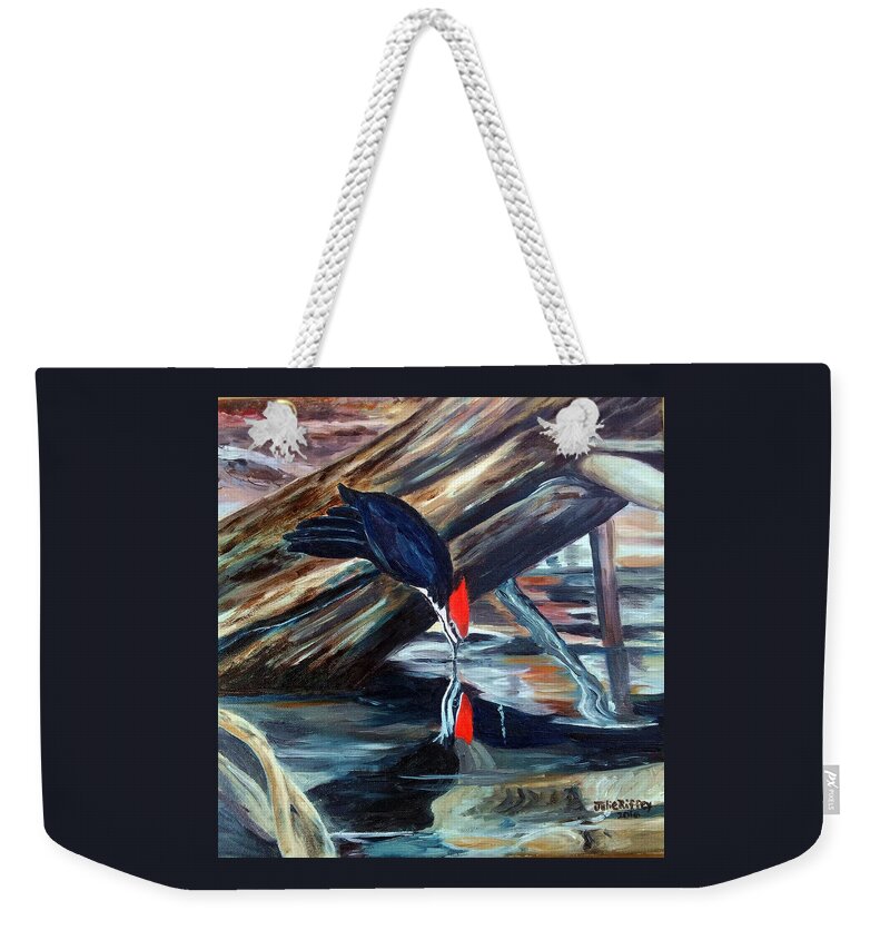 Bird Weekender Tote Bag featuring the painting Woodpecker Sipping Water by Julie Brugh Riffey