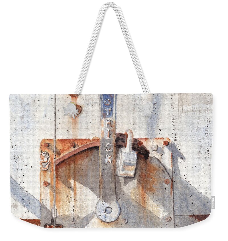 Semi Weekender Tote Bag featuring the painting Work Trailer Lock Number One by Ken Powers