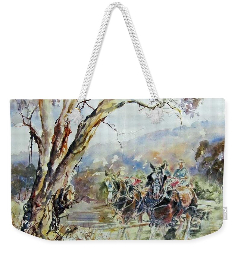 Clydesdale Weekender Tote Bag featuring the painting Working Clydesdale pair, Australian landscape. by Ryn Shell
