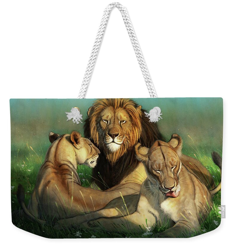 Lions Weekender Tote Bag featuring the digital art World Lion Day by Aaron Blaise