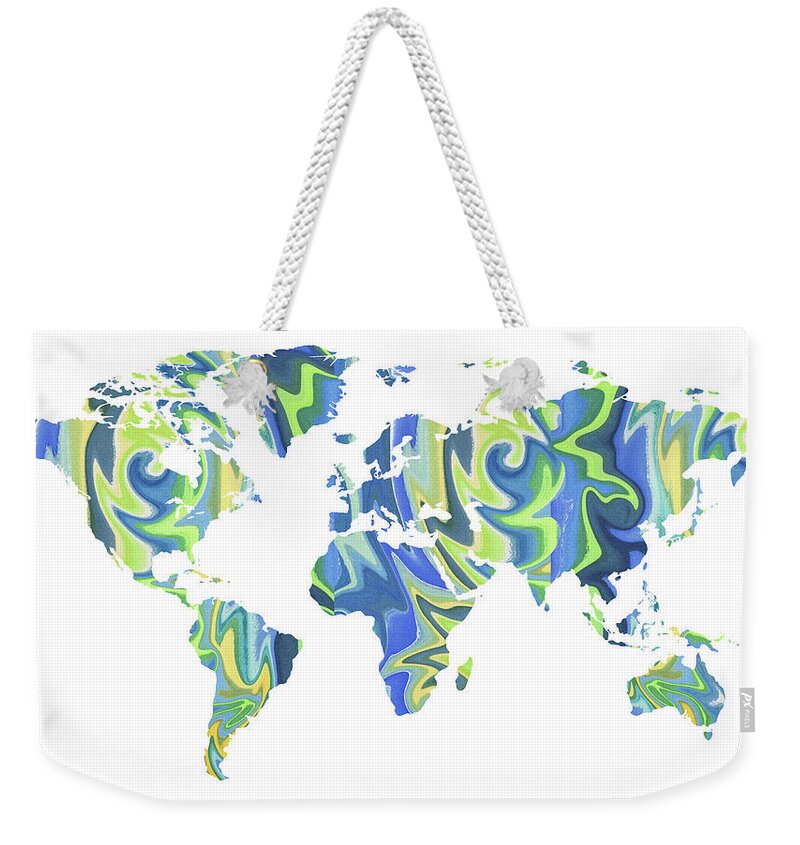 World Weekender Tote Bag featuring the painting World Map Organic Blue by Irina Sztukowski