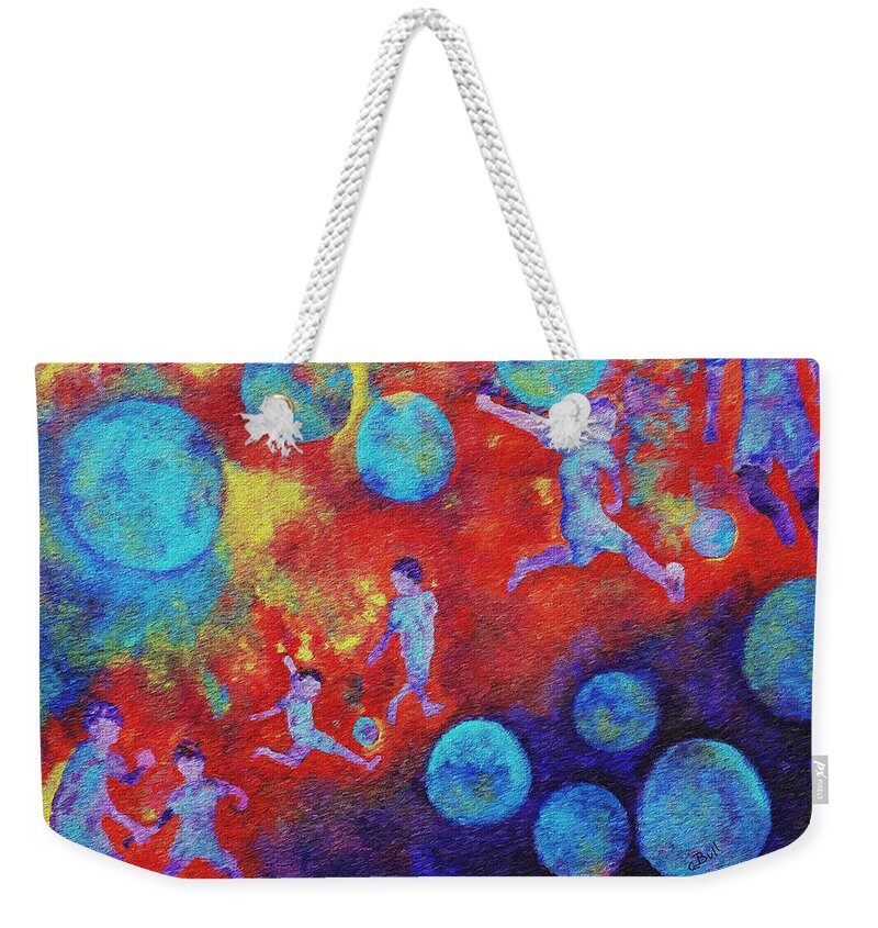 Soccer Weekender Tote Bag featuring the painting World Soccer Dreams by Claire Bull
