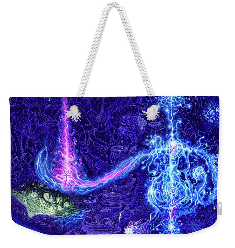 Chaos Magick Spells Energy Lightning Rabbit Time Wormhole Space Surreal Drawing Colorful Vibrant Purple Blue Underworld Spiritual Wizards Warlocks Witches Witchcraft Sexual Mental Labyrinth Dreamscape Intricate Soufur Salty Whirlwind Musical Maelstrom Formless Whimsical Fantastical Pez Pony Rainbow Psychedelic Mushrooms Acid Alice Weekender Tote Bag featuring the painting World Weaver by Mark Cooper