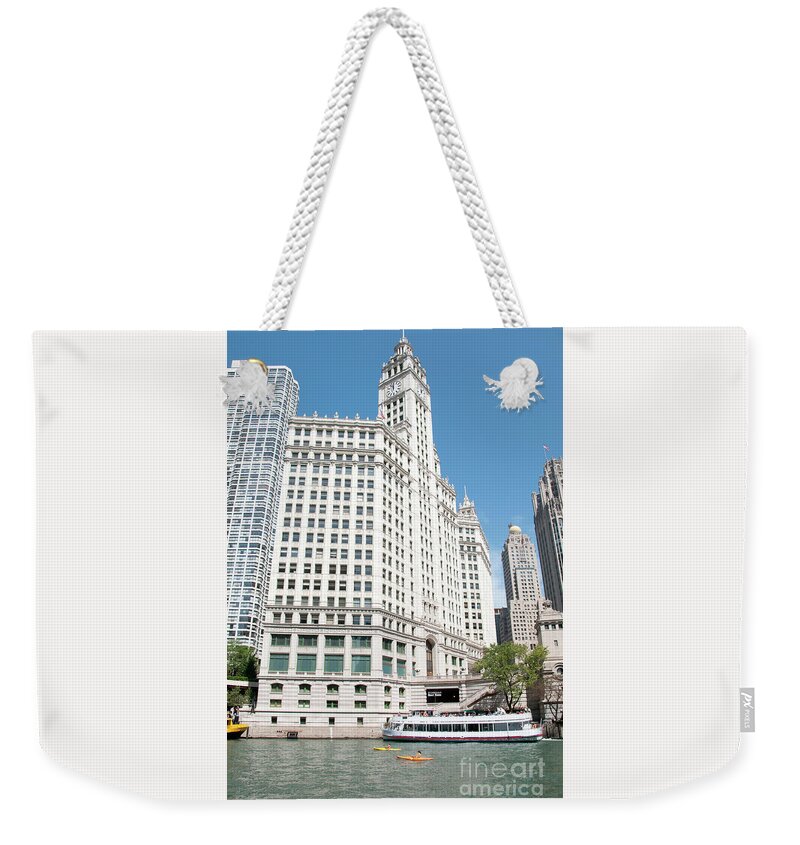 Boats Weekender Tote Bag featuring the photograph Wrigley Building Overlooking the Chicago River by David Levin