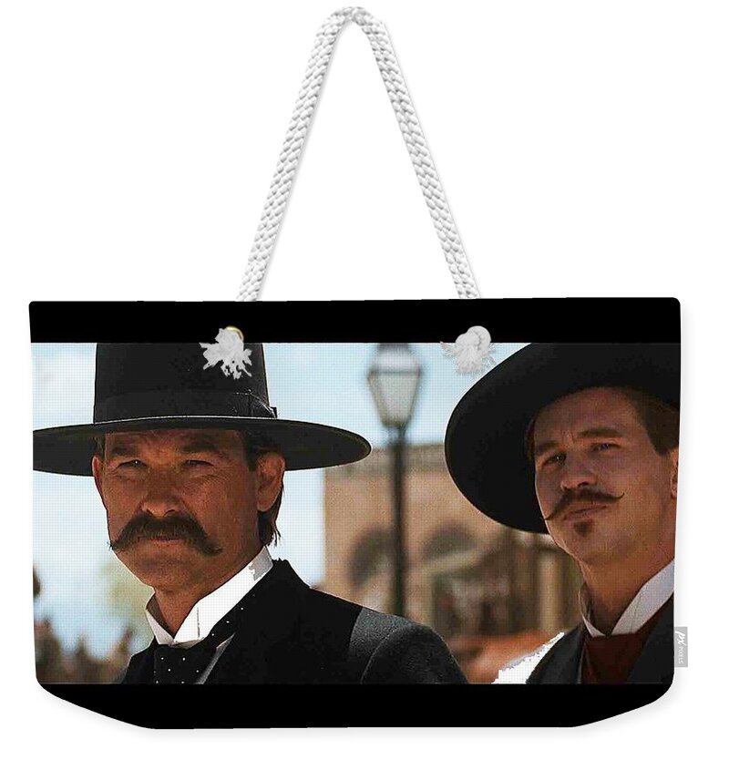 Wyatt Earp Doc Holiday Bird Cage Theater In Background Tombstone Film Mescal Arizona 1993 Weekender Tote Bag featuring the photograph Wyatt Earp Doc Holiday Bird Cage Theater in background Tombstone film Mescal Arizona 1993 by David Lee Guss