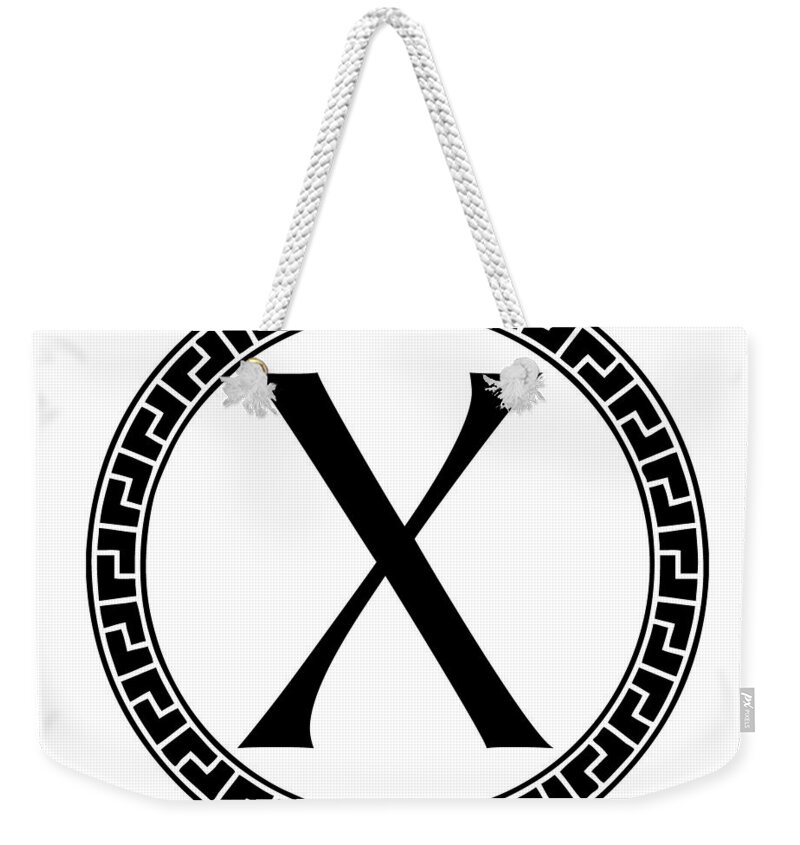 X Weekender Tote Bag featuring the digital art X Surrounded by Fret Wreath - Black by Custom Home Fashions