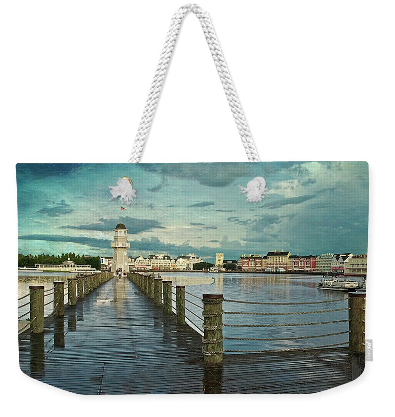 Castle Weekender Tote Bag featuring the photograph Yacht and Beach Lighthouse Disney World Textured Sky MP by Thomas Woolworth
