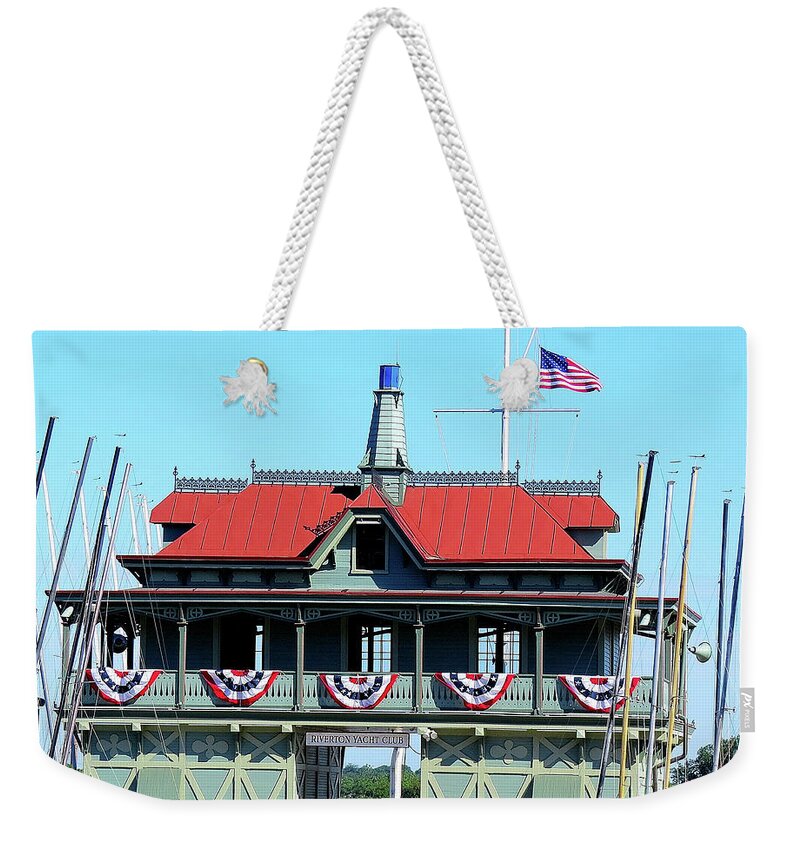 Yacht Club Weekender Tote Bag featuring the photograph 1st Yacht Club on the Delaware by Linda Stern